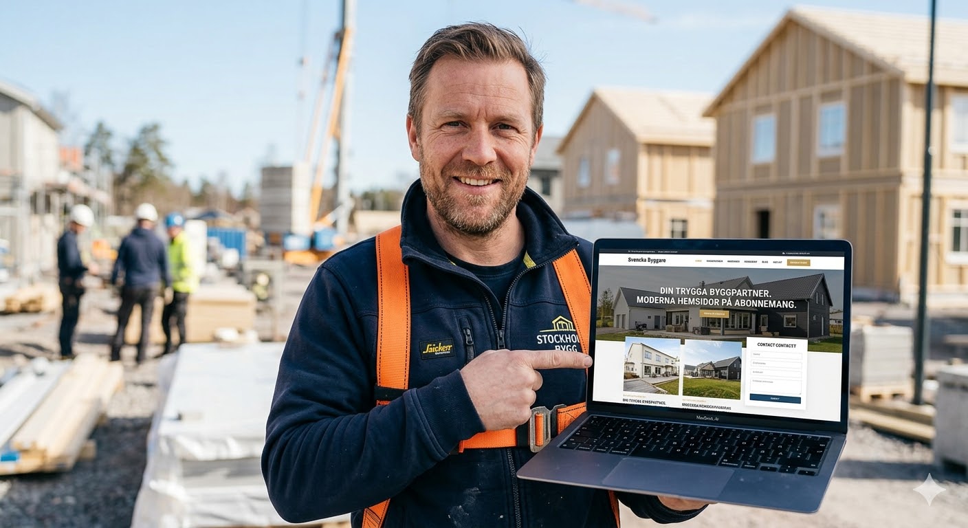 Byggare håller upp sin nya hemsida på en laptop